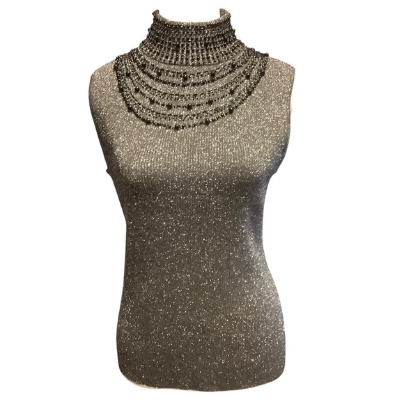 Grace Tops - Grace Metallic Silk Blend Beaded Mock Neck Sleeveless Top Size L